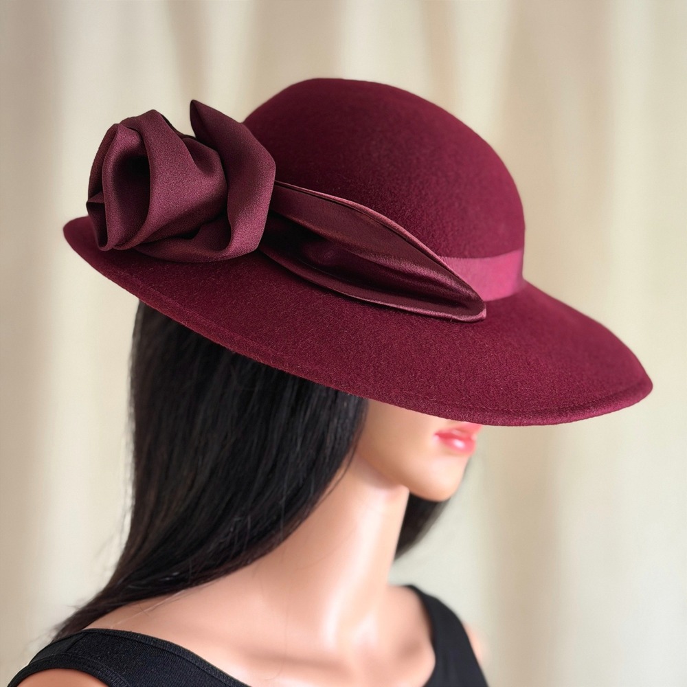 Vtg 80s Sonni San Francisco Lancaster Burgundy Red 100% Wool Wide Brim Hat Rose